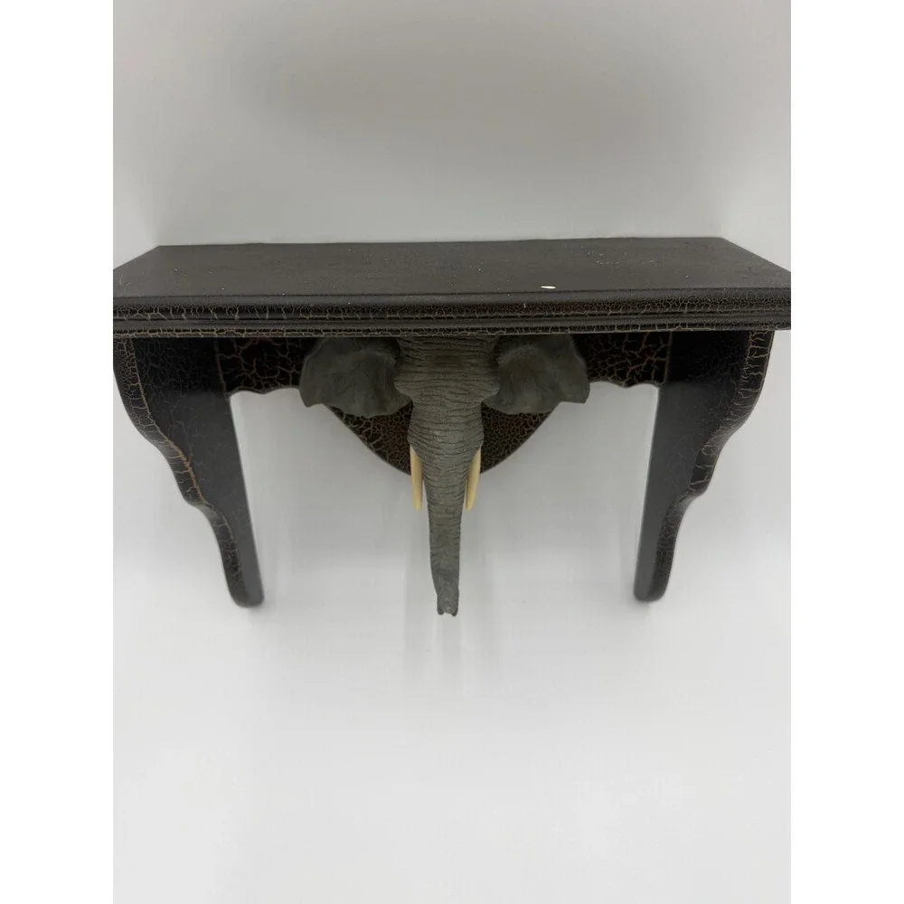 Vintage Elephant Head Wall Shelf Black Gold Crackle Safari Decor Floating Shelf